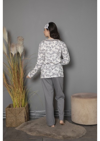Çiçek Desenli Uzun Kollu Kadın Pijama Takımı Tekten 200