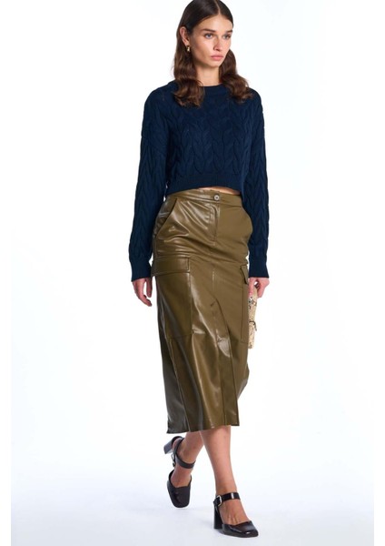 Lacivert Saç Örgülü Crop Triko Kazak fırsatları