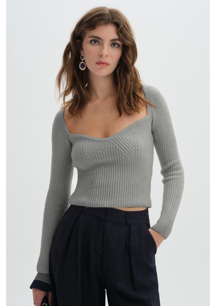 Gri Melanj Uzun Kollu Triko Kazak