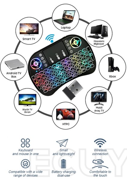 Bluetooht Uyumlu Kablosuz Klavye Mouse Tv Klavye Işıklı Kablosuz Mini Klavye Dokunmatik Mouse