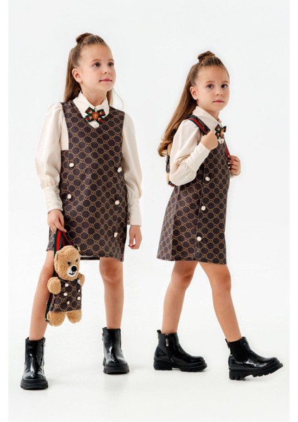 Gcc Çantalı Gömlekli Kız Çocuk Jile 3 lü takım - Kahverengi