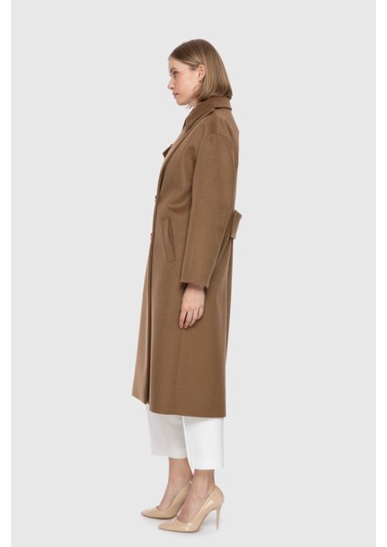 Asimetrik Yaka Detaylı Kahverengi Kaşe Kaban fiyatları