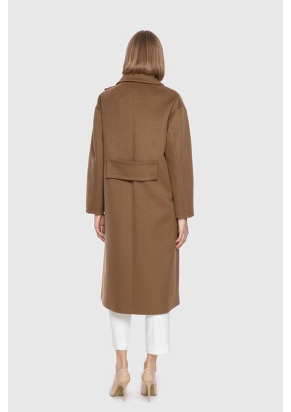 Asimetrik Yaka Detaylı Kahverengi Kaşe Kaban modelleri