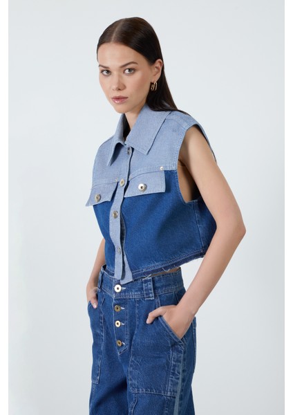 Arkası Etiket Detaylı Iki Renk Lacivert Jean Yelek