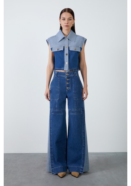 Arkası Etiket Detaylı Iki Renk Lacivert Jean Yelek fiyatları