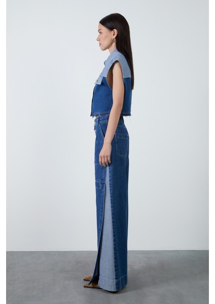 Arkası Etiket Detaylı Iki Renk Lacivert Jean Yelek modelleri