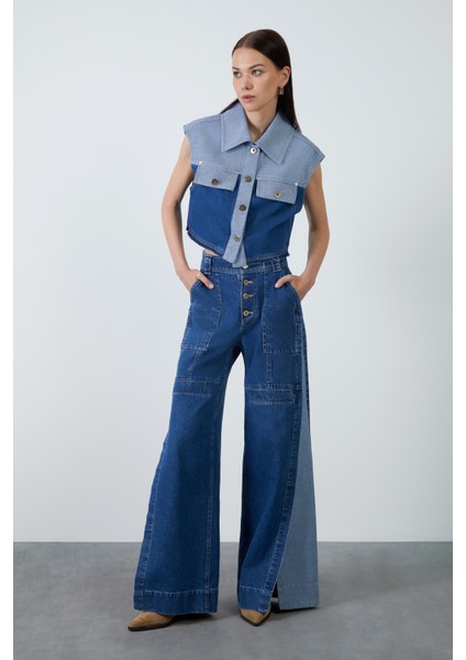 Arkası Etiket Detaylı Iki Renk Lacivert Jean Yelek fırsatları