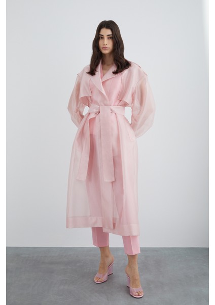 Pembe Inci Düğme Detaylı Uzun Pembe Organze Ceket