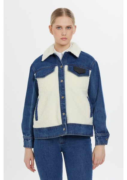 Peluş Detaylı Denim Lacivert Ceket