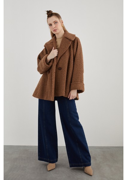 Kruvaze Kesim Duble Kollu Oversıze Peluş Kahverengi Kaban