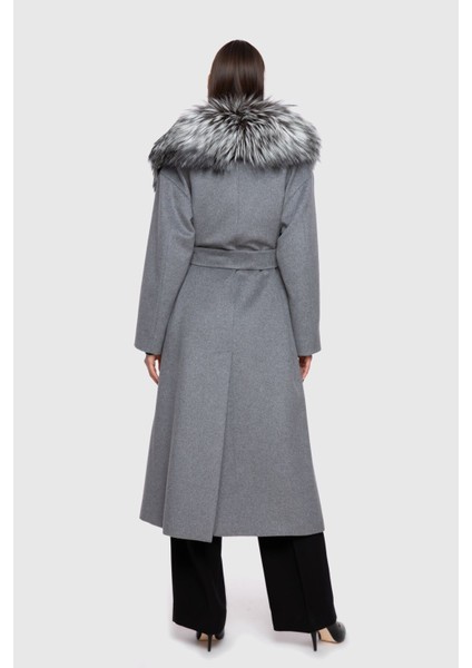 Kürk Yakalı Uzun Gri Kaşe Kaban modelleri