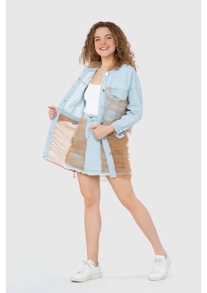 Pilili Tül Detaylı Kapüşonlu Jean Ceket