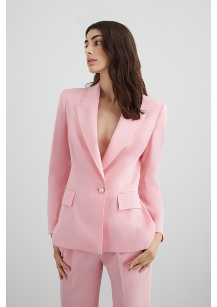 Pembe Inci ve Gold Detay Düğmeli Pembe Ceket