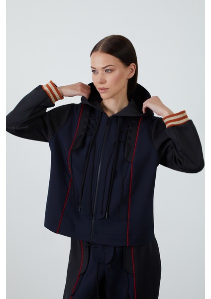 Kuşgözü Detaylı Fermuarlı Lacivert Sweatshırt