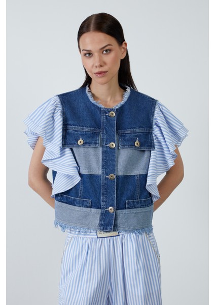 Çizgili Kol Detaylı Mavi Denim Yelek
