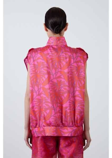 Etike Detaylı File Astarlı Desenli Fuşya Yelek modelleri