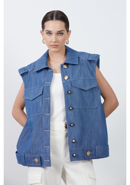 Cep Detaylı Mavi Denim Yelek