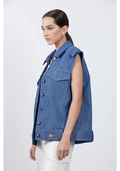 Cep Detaylı Mavi Denim Yelek