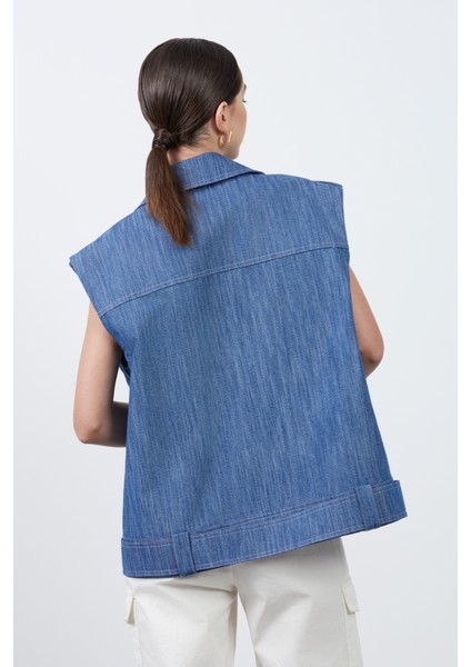 Cep Detaylı Mavi Denim Yelek