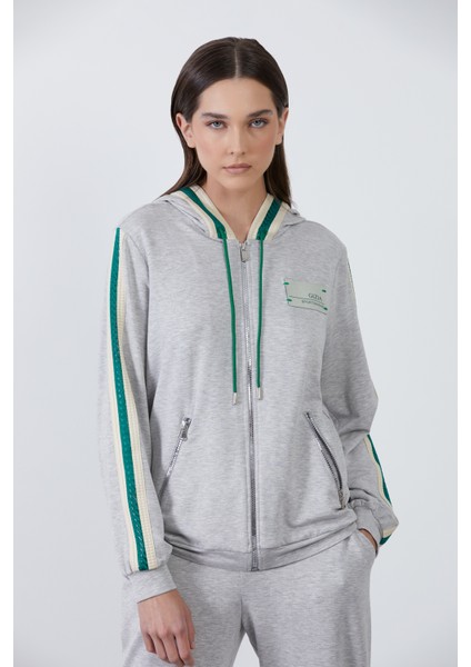 Şerit Detaylı Kapüşonlu Gri Hırka