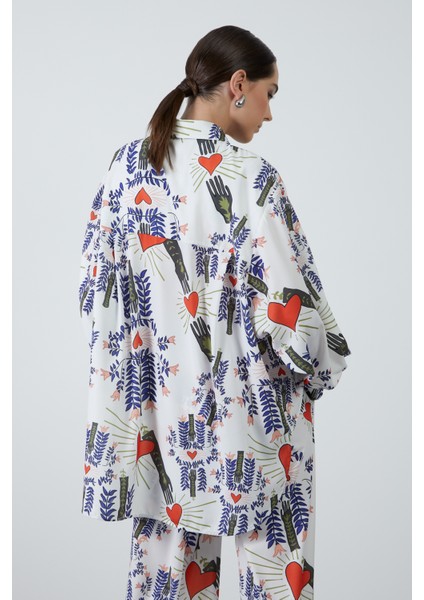 Baskılı Ekru Crop Ceket