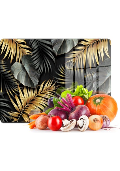Cam Kesme Tahtası ve Sunum Tablası Tropik Yaprak Desenli