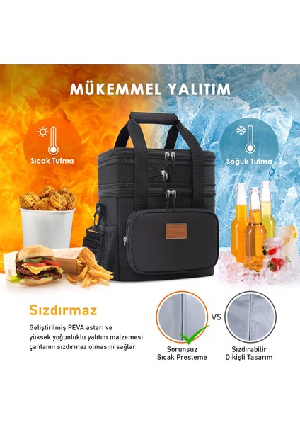 Körüklü Termal Termos Çanta, Yalıtımlı Beslenme Çantası, Buzluk Yemek Taşıma Çantası 21L-SIYAH
