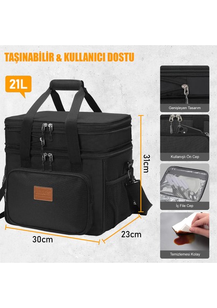 Körüklü Termal Termos Çanta, Yalıtımlı Beslenme Çantası, Buzluk Yemek Taşıma Çantası 21L-SIYAH