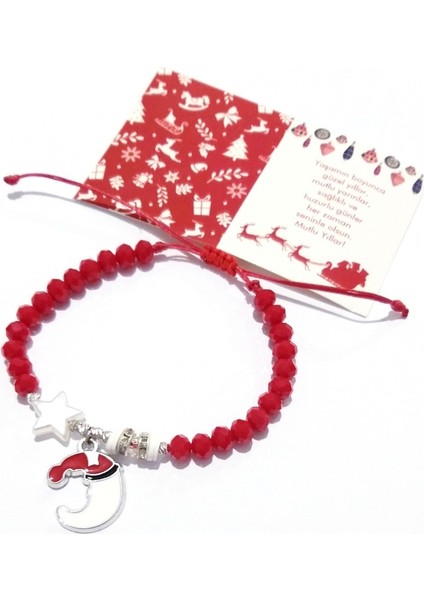 Yıldızlı Noel Süsü Dorika ve Parlak Taşlı Kırmızı Kristal Boncuklu Yılbaşı Bileklik