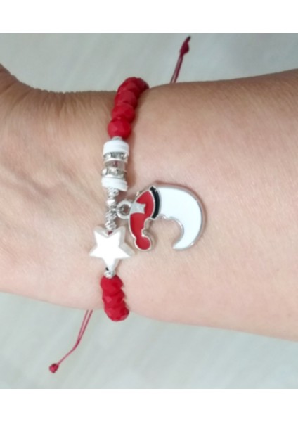 Yıldızlı Noel Süsü Dorika ve Parlak Taşlı Kırmızı Kristal Boncuklu Yılbaşı Bileklik fiyatları