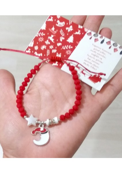 Yıldızlı Noel Süsü Dorika ve Parlak Taşlı Kırmızı Kristal Boncuklu Yılbaşı Bileklik indirimleri