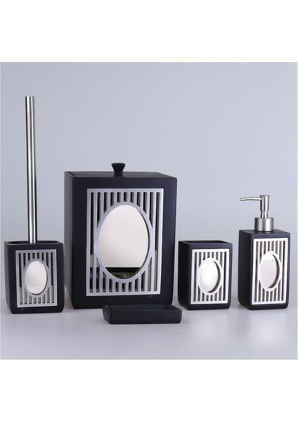 5 Parça Polyester Aynalı Banyo Takımı Seti Glamour Siyah - Gümüş