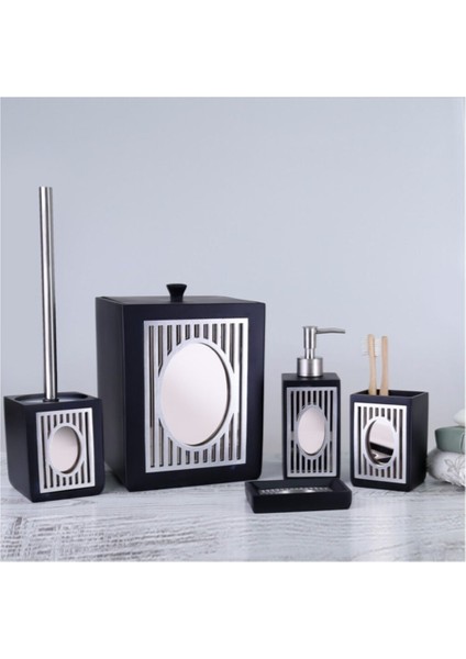 5 Parça Polyester Aynalı Banyo Takımı Seti Glamour Siyah - Gümüş fiyatları