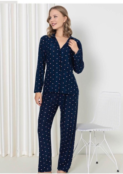 Önden Düğmeli Kalp Desenli Süet Ince Pijama Takımı