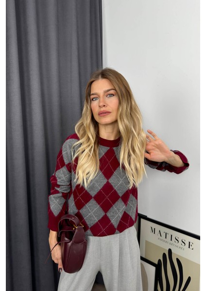 Bordo Gri Baklava Desenli Bisiklet Yaka Kazak