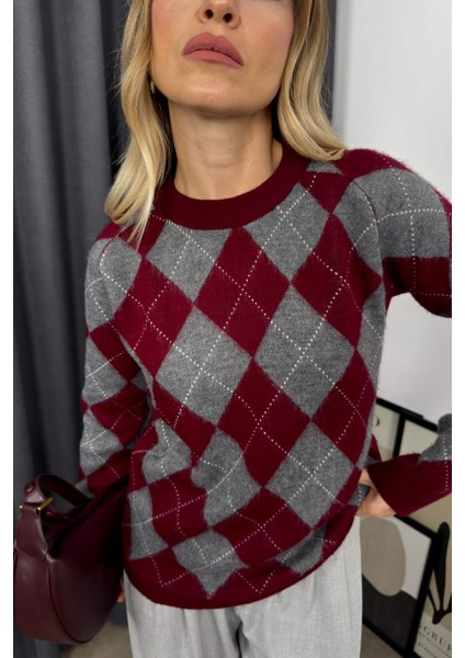 Bordo Gri Baklava Desenli Bisiklet Yaka Kazak fiyatları