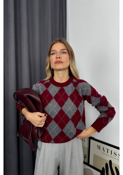 Bordo Gri Baklava Desenli Bisiklet Yaka Kazak modelleri