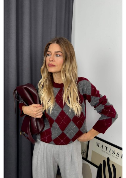 Bordo Gri Baklava Desenli Bisiklet Yaka Kazak fırsatları