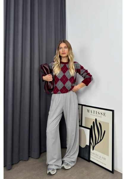 Bordo Gri Baklava Desenli Bisiklet Yaka Kazak indirimleri