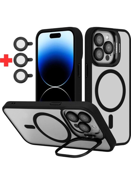 Apple iPhone 16 Pro Max Kılıf Kamera Korumalı Magsafe Metal Standlı Kapak + Kamera Lens Koruyucu