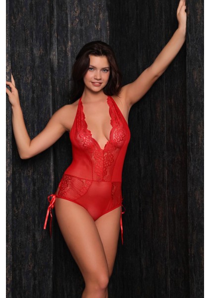 Kırmızı Dantelli Bodysuit