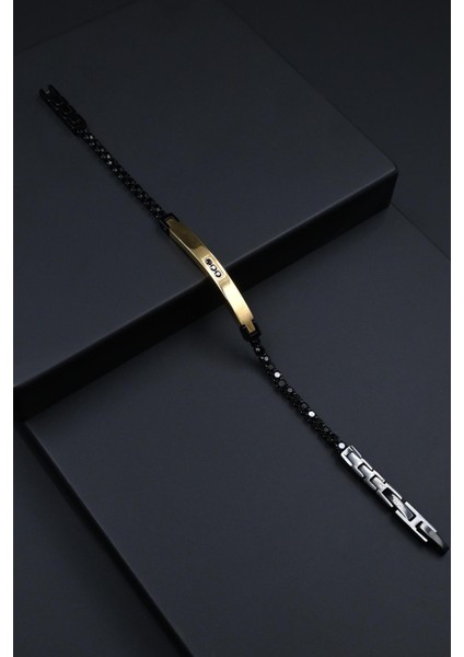 316L Çelik Italyan Model Zirkon Taşlı Siyah-Altın Renk Erkek Bileklik FRJ12265-3265-B2G