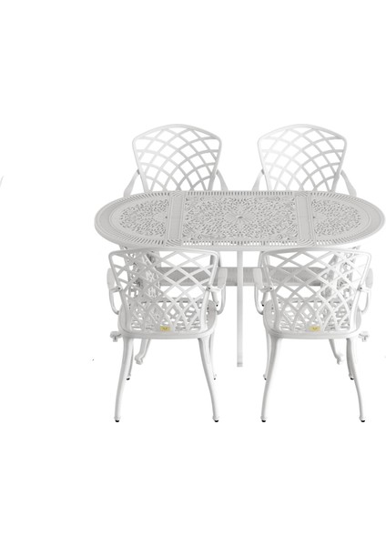 Ferforje Görünümlü Plastik Oval Hitit Masa Sandalye Takımı 1 Masa 4 Sandalye Balkon, Bahçe Mobilyası