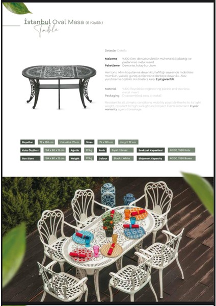 Ferforje Görünümlü Plastik Oval Hitit Masa Sandalye Takımı 1 Masa 4 Sandalye Balkon, Bahçe Mobilyası