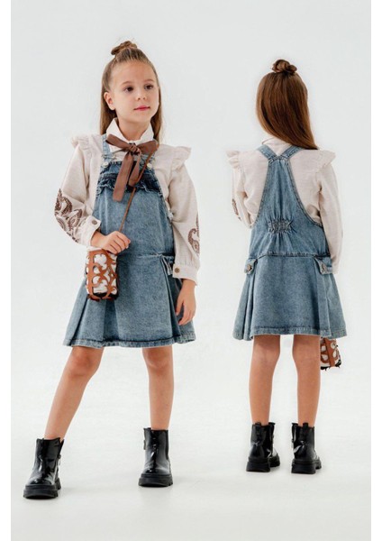 Kol Işleme Detaylı Çantalı Kot Jile 3 lü takım - Mavi