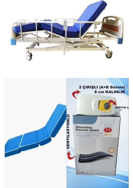 3 Motorlu Abs Başlıklı Tabanca Korkuluklu Hasta Karyolası + 4 Parçalı Yatak +A+B Sistemli 8cm Boru Tipi Havalı Yatak Takım