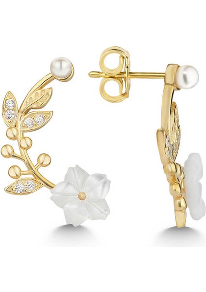 925 Ayar Gümüş Gold Sedef Çiçek Çivili Kadın Küpe modelleri