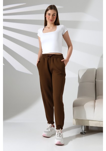 Şardonlu Penye Kompakt Paçası Lastikli Eşofman 21629 Kahve