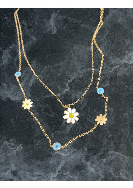 Altın Kaplama Mineli Papatya Nazar Boncuklı Çelik Kolye 316L