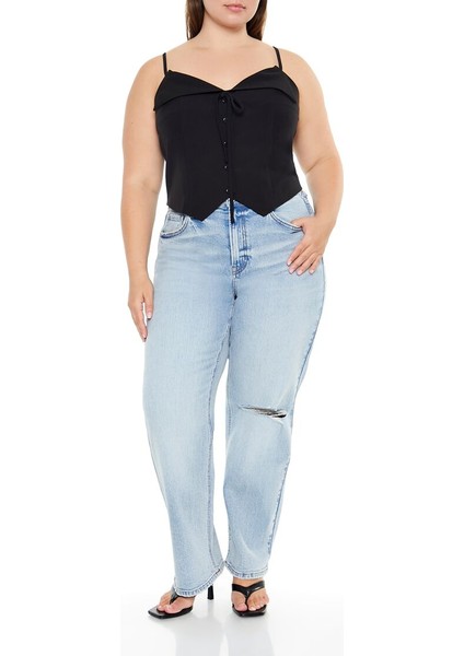 Plus Size Önden Düğmeli Üst